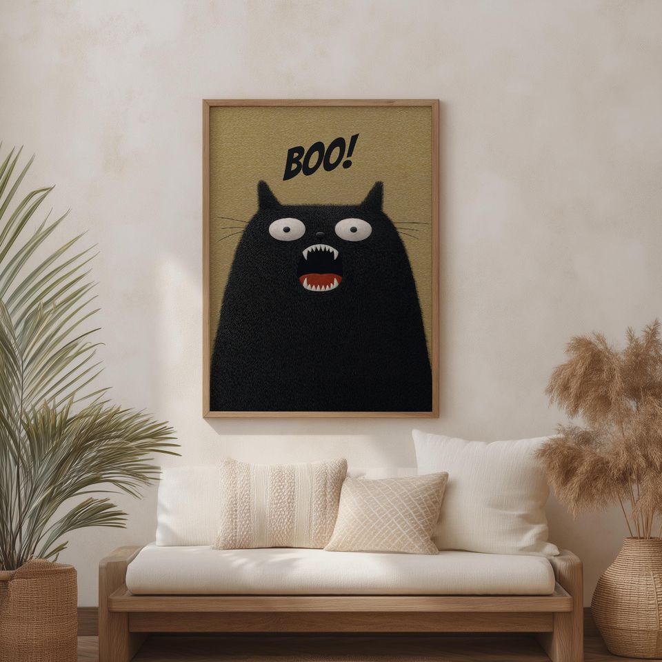 Boo! Funny Halloween Poster, Fuzzy Black Cat  Wall Art