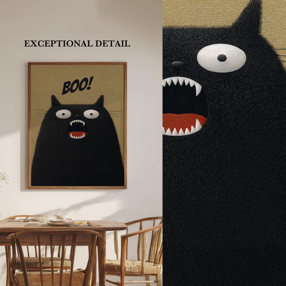 Boo! Funny Halloween Poster, Fuzzy Black Cat  Wall Art