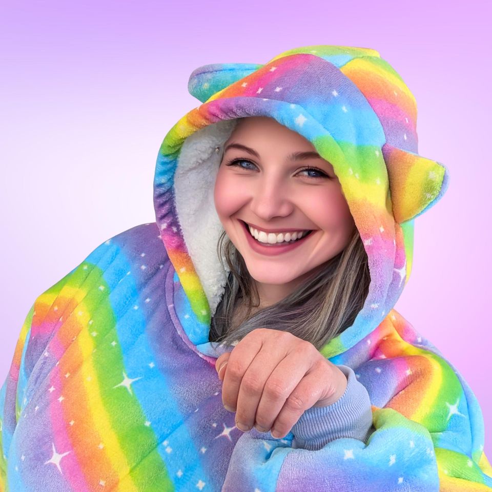 Rainbow Star Cat Ear  Hoodie Blanket