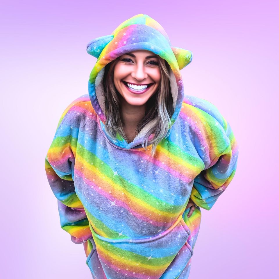 Rainbow Star Cat Ear  Hoodie Blanket