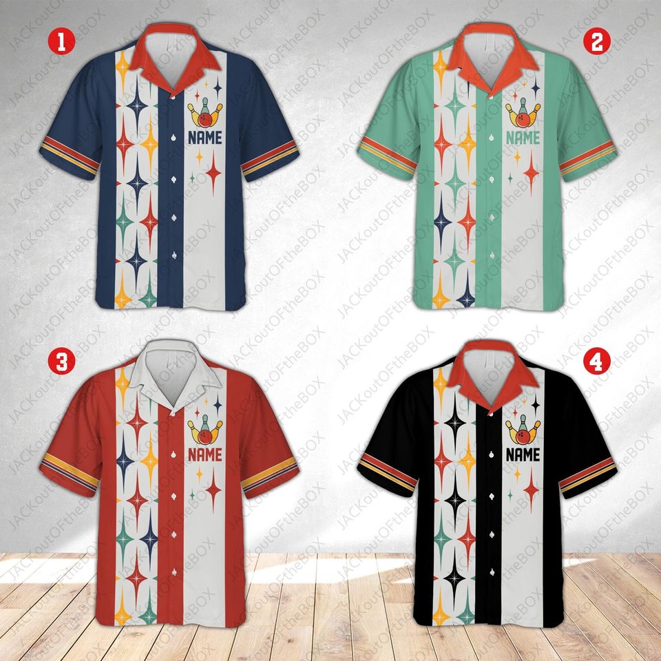 Personalized Retro Bowling Hawaiian Shirt, Custom Name And Team Name Bowling Button Down Shirt, Bowling Team Gift, Hawaiian Shirt For Bowler