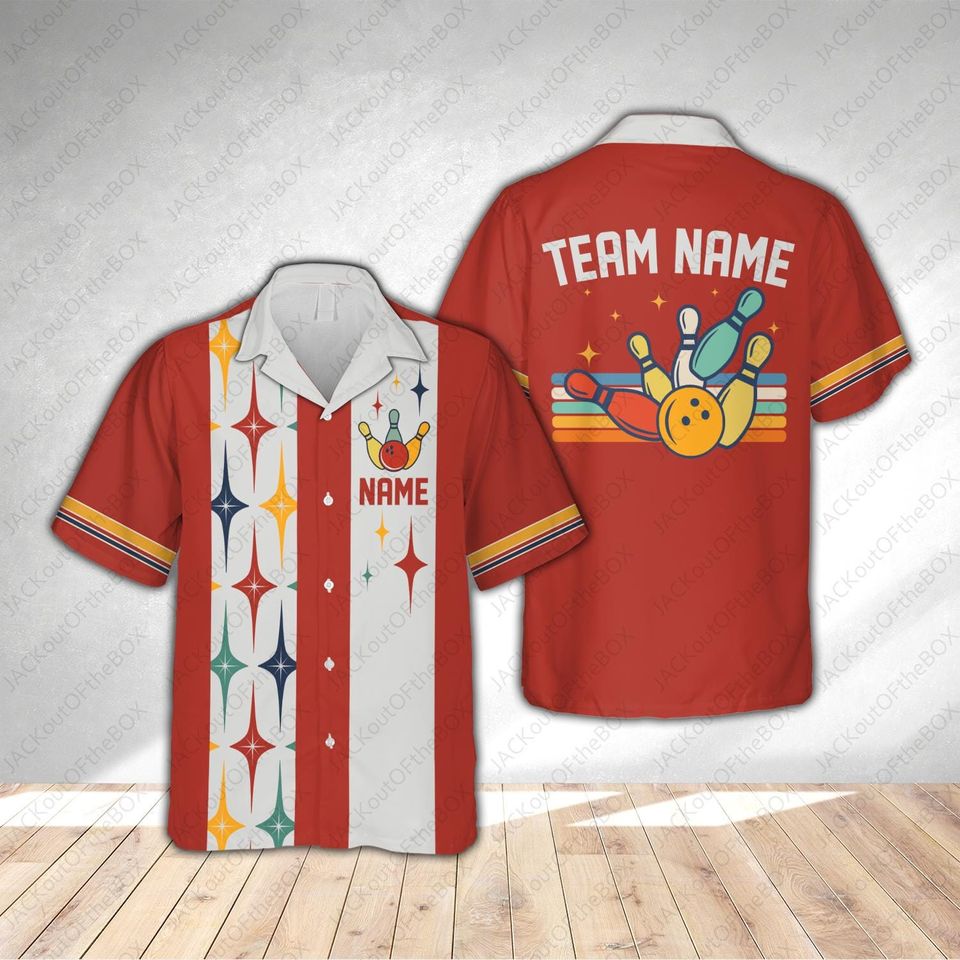 Personalized Retro Bowling Hawaiian Shirt, Custom Name And Team Name Bowling Button Down Shirt, Bowling Team Gift, Hawaiian Shirt For Bowler