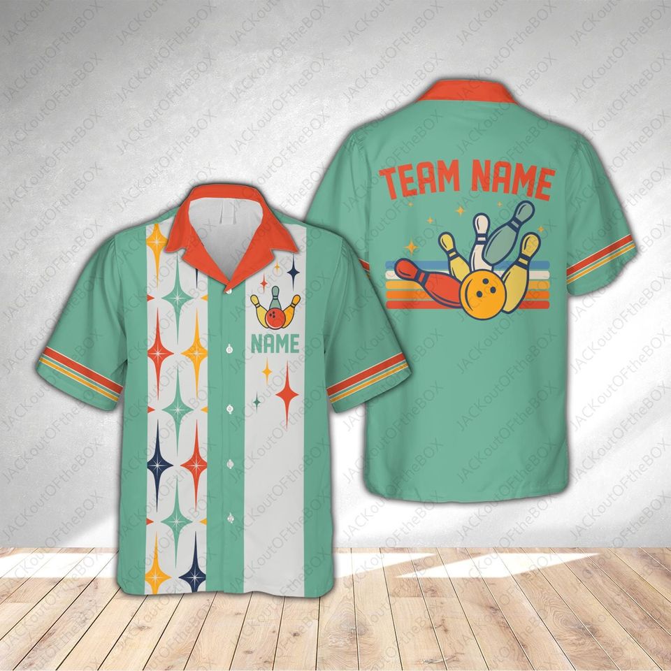 Personalized Retro Bowling Hawaiian Shirt, Custom Name And Team Name Bowling Button Down Shirt, Bowling Team Gift, Hawaiian Shirt For Bowler