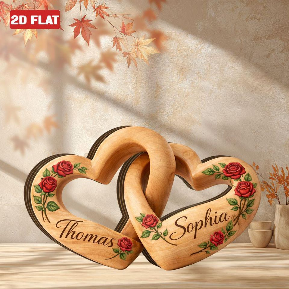 Personalized Wooden Heart Couple Decor, Couple Infinity Heart Wood Block Sign, Romantic Couple Keepsake Plaque 2D FLAT, Anniversary Gift Her