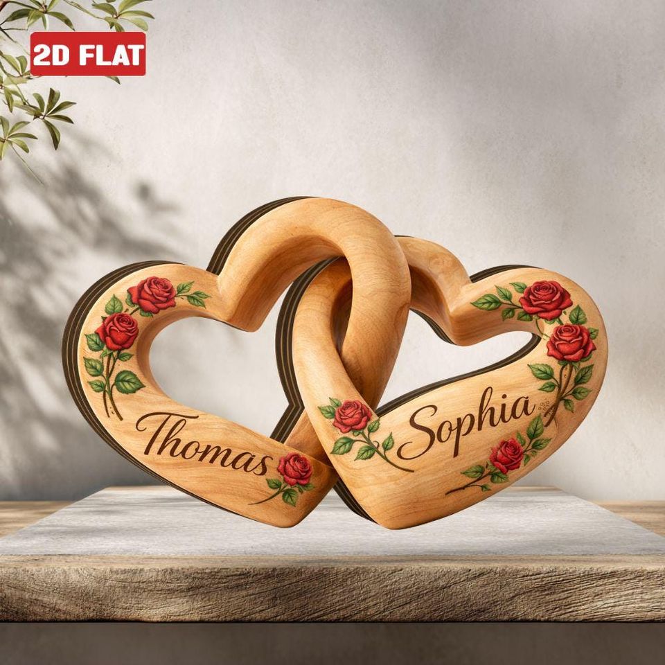 Personalized Wooden Heart Couple Decor, Couple Infinity Heart Wood Block Sign, Romantic Couple Keepsake Plaque 2D FLAT, Anniversary Gift Her