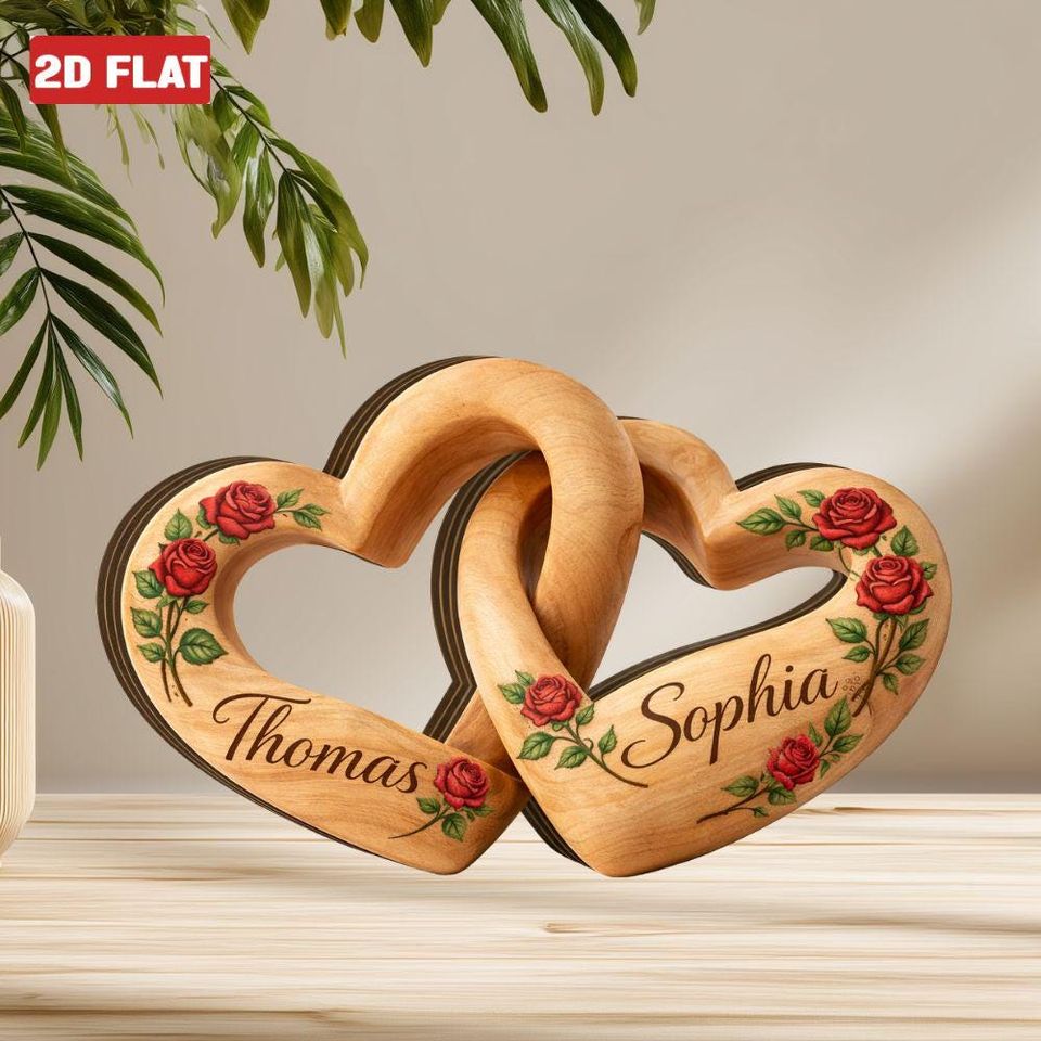 Personalized Wooden Heart Couple Decor, Couple Infinity Heart Wood Block Sign, Romantic Couple Keepsake Plaque 2D FLAT, Anniversary Gift Her