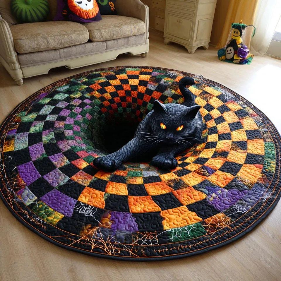 Shadow Cat Quilted Round Mat, Halloween Fall Home Decor, Spooky Season Gift