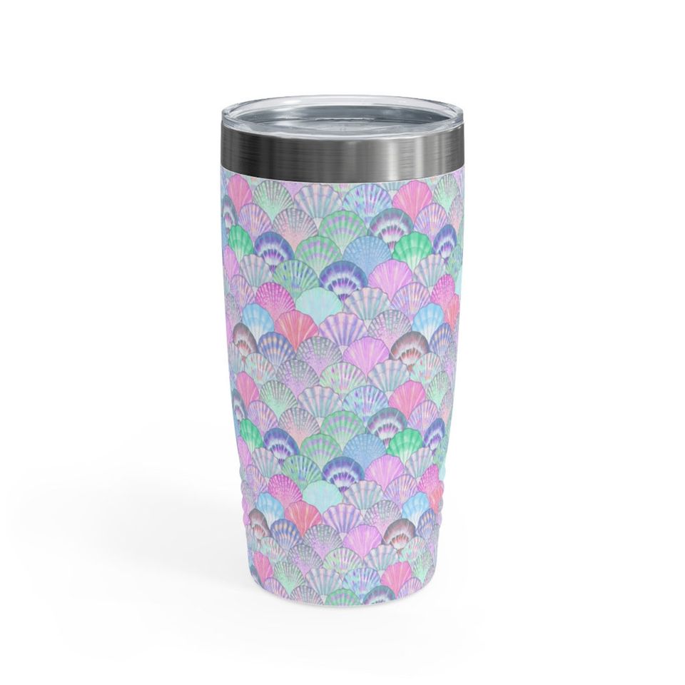 Purple Green Seashell Beach Ocean Ringneck Tumbler, 20oz