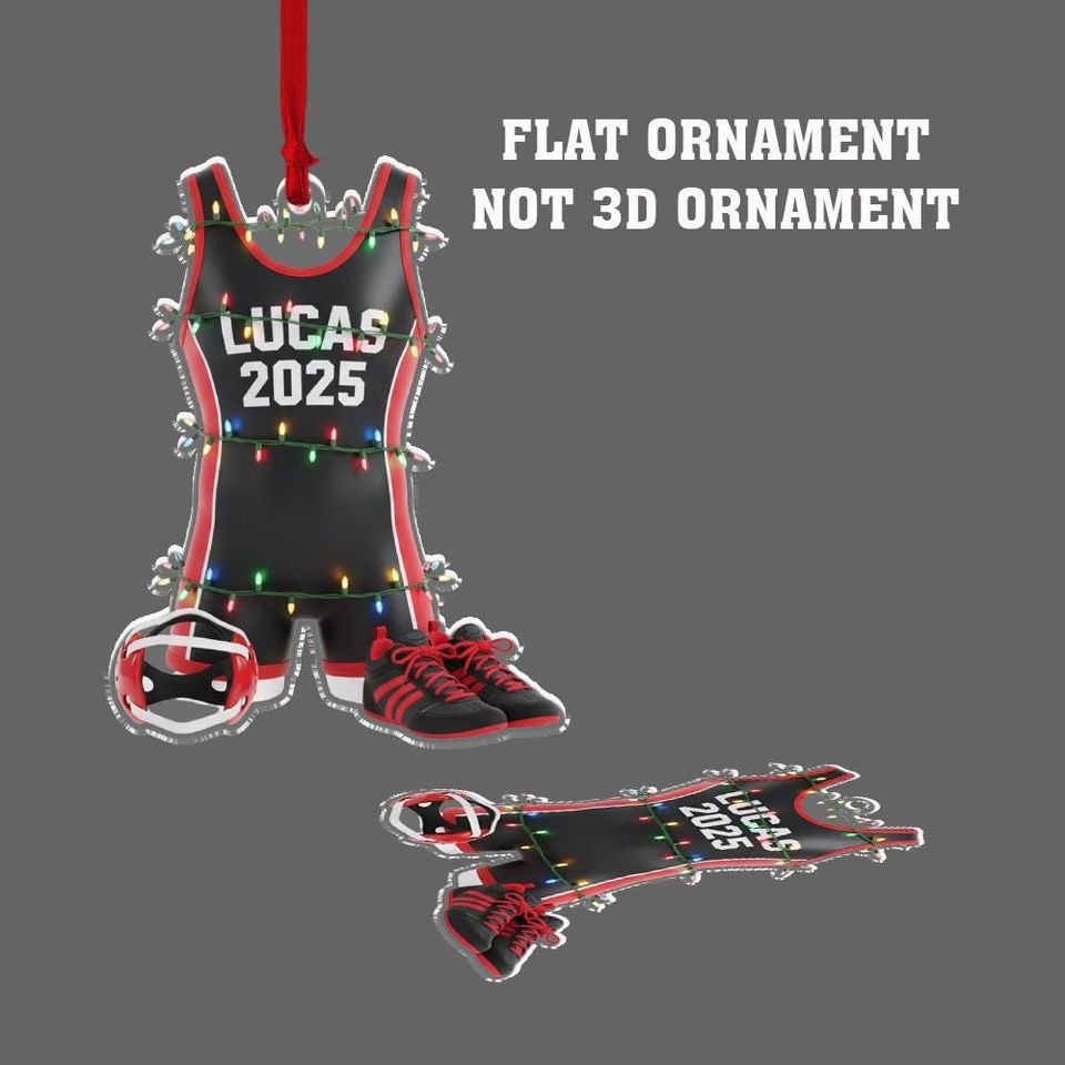Personalized Acrylic Ornament  Custom Name Wrestling Singlet with Shoes & Headgear Scene