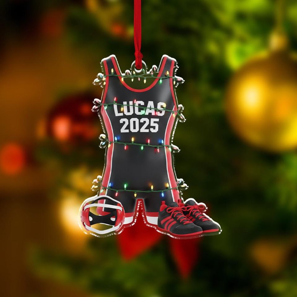 Personalized Acrylic Ornament  Custom Name Wrestling Singlet with Shoes & Headgear Scene