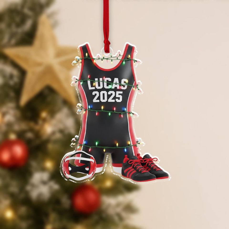 Personalized Acrylic Ornament  Custom Name Wrestling Singlet with Shoes & Headgear Scene