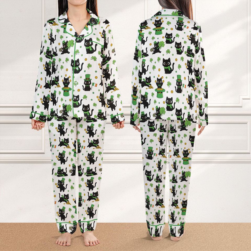 Discover St Patricks Day Cat Pajama Set, Shamrock Black Cat Sleepwear, Long Sleeve Pajamas