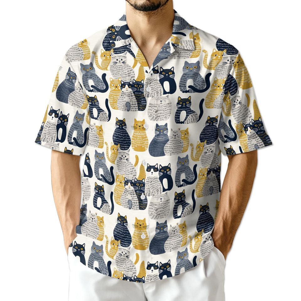 Cat Pattern Hawaiian Shirt for Men and Women, Cute Pet Print Aloha Shirt