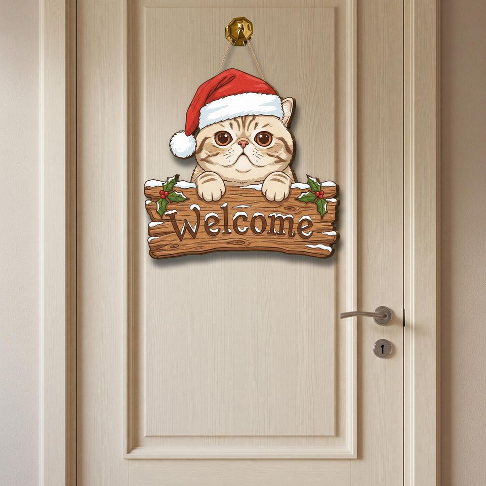 Exotic Shorthair Cat Christmas Welcome Wooden Sign Holiday Decor