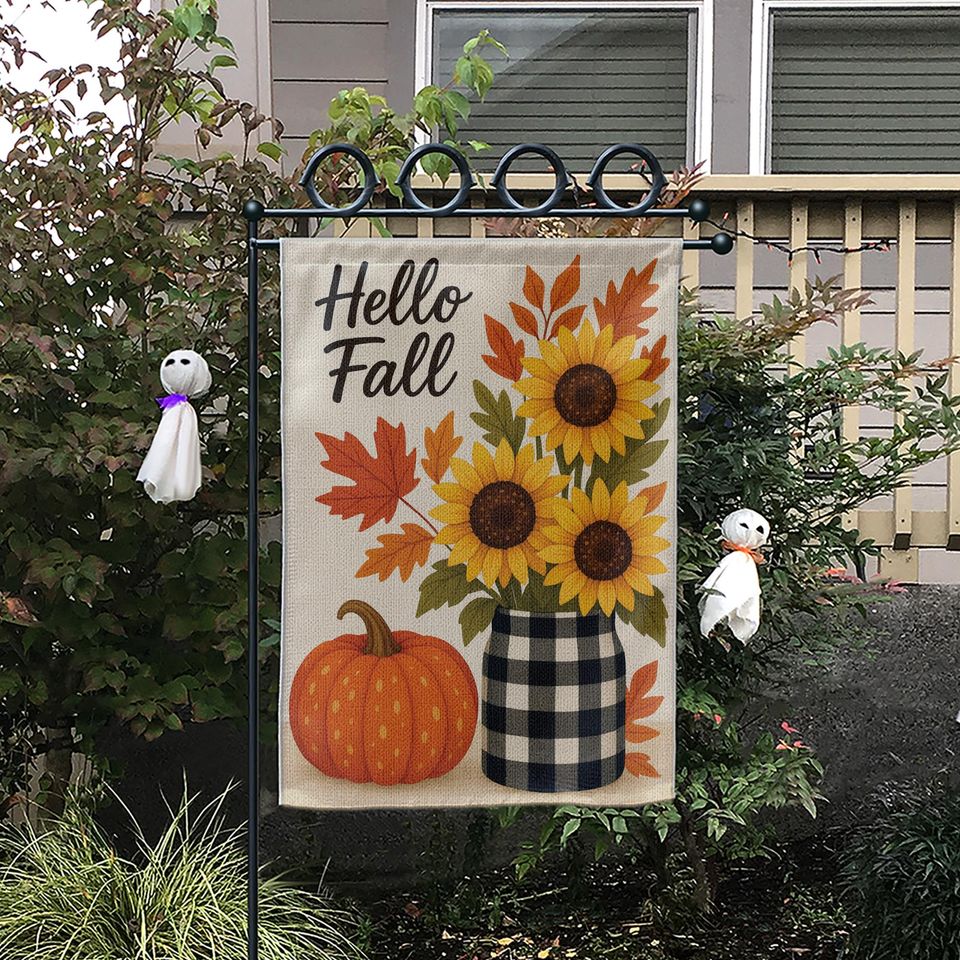 Hello Fall Garden Flag: Sunflower Pumpkin Buffalo Plaid Decor