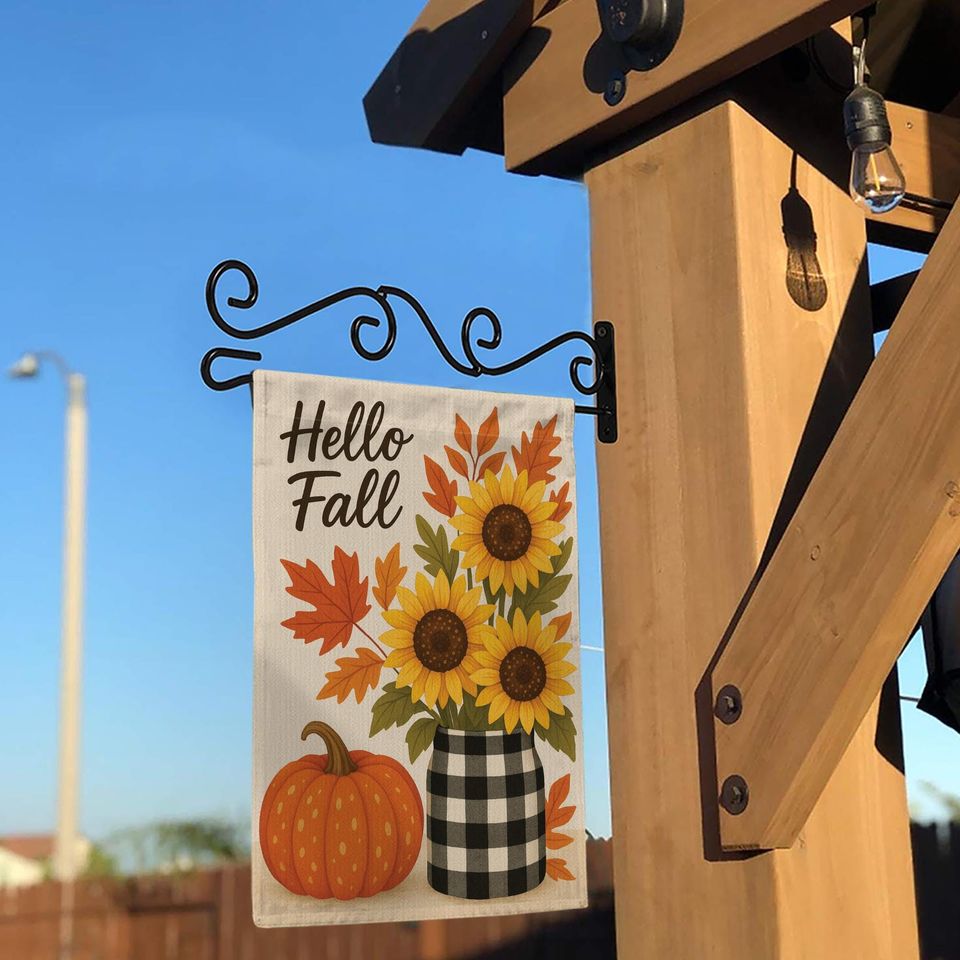 Hello Fall Garden Flag: Sunflower Pumpkin Buffalo Plaid Decor