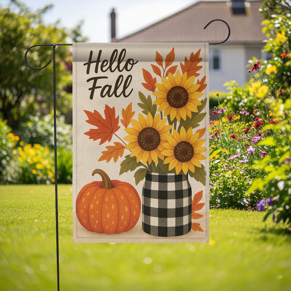 Hello Fall Garden Flag: Sunflower Pumpkin Buffalo Plaid Decor
