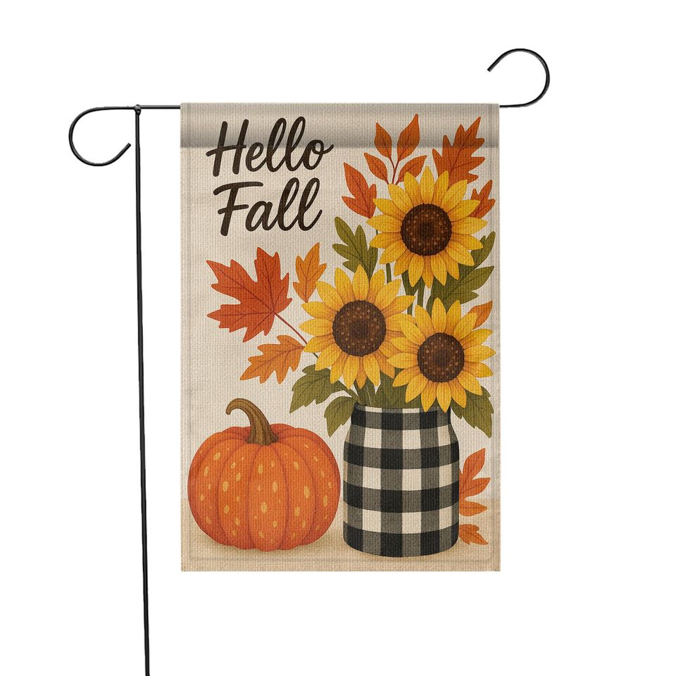 Hello Fall Garden Flag: Sunflower Pumpkin Buffalo Plaid Decor