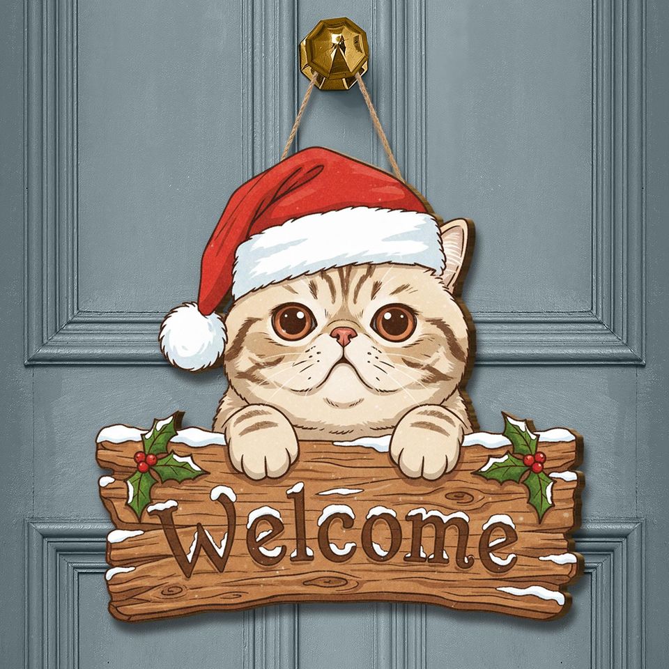 Exotic Shorthair Cat Christmas Welcome Wooden Sign Holiday Decor