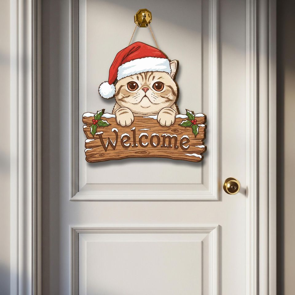 Exotic Shorthair Cat Christmas Welcome Wooden Sign Holiday Decor