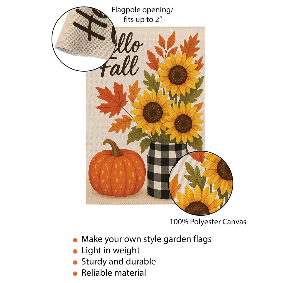 Hello Fall Garden Flag: Sunflower Pumpkin Buffalo Plaid Decor