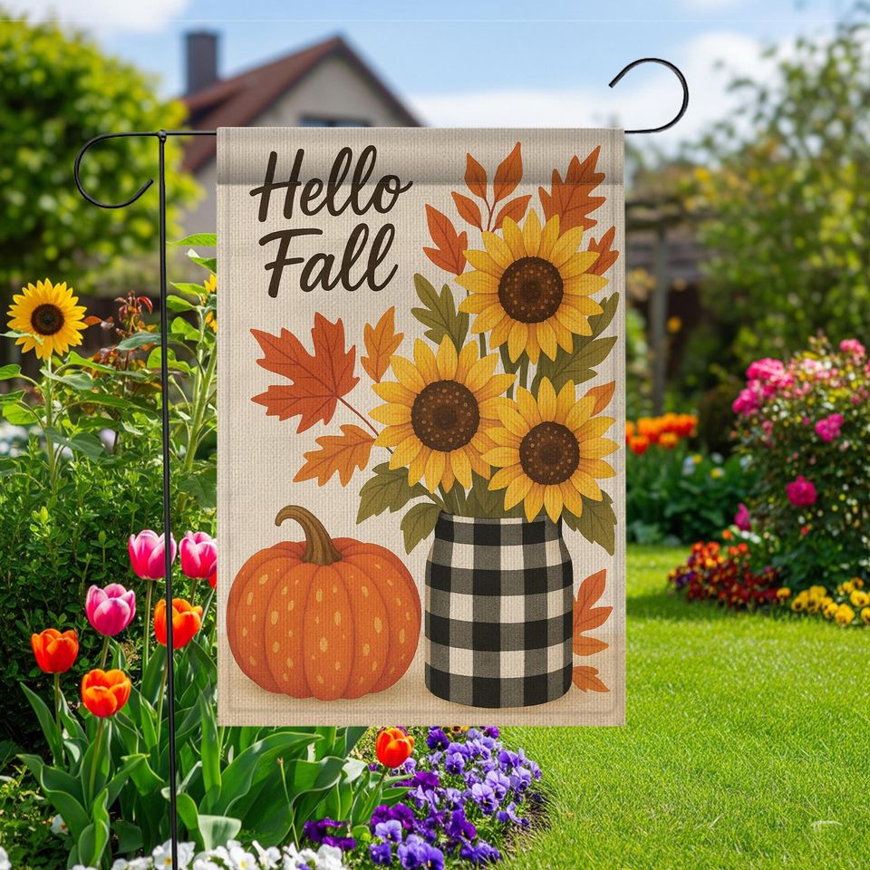 Hello Fall Garden Flag: Sunflower Pumpkin Buffalo Plaid Decor
