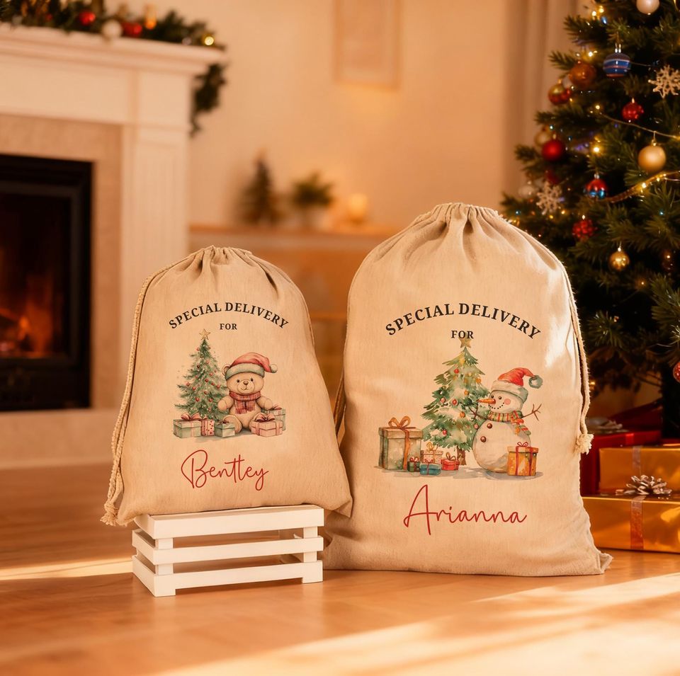 Personalized Santa Sacks, Christmas Stocking, Christmas Sacks With Name & Initial, Christmas Eve Gift Bag, Add Name Large Letter