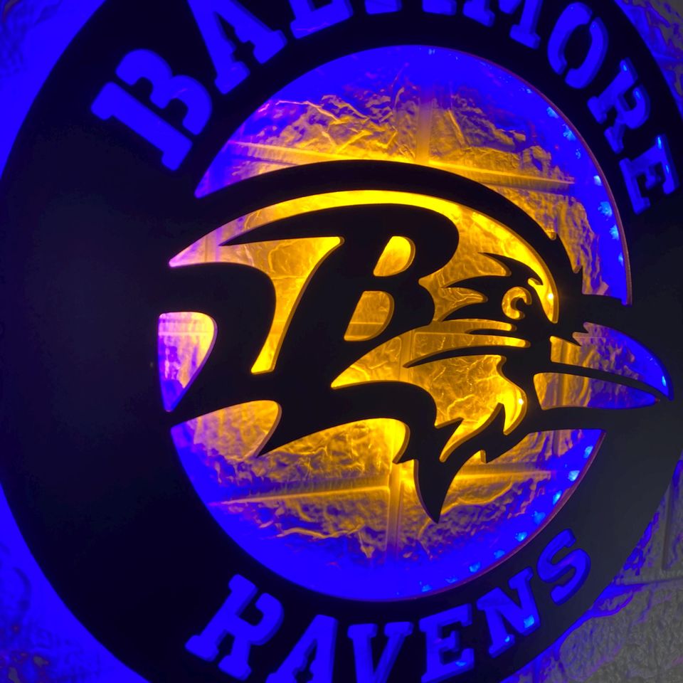 Baltimore Ravens LED Wall Sign: Black Composite Illuminated Sports Team Logo