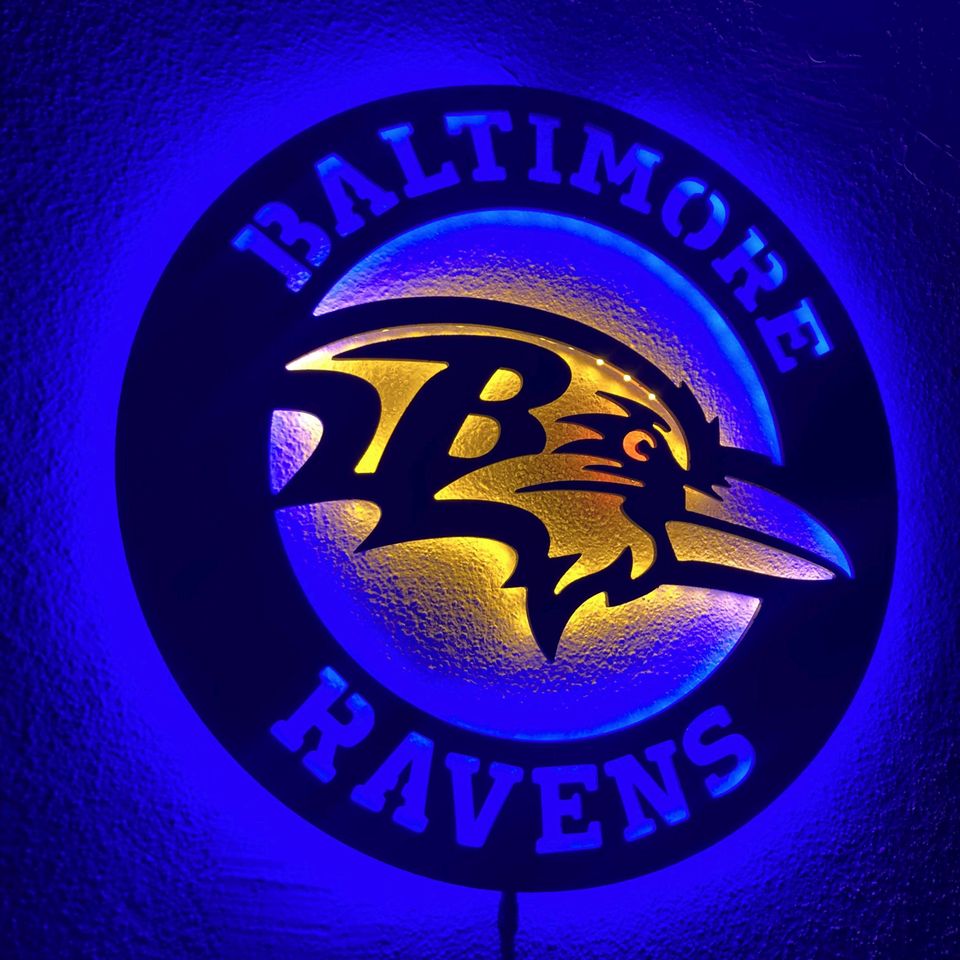 Baltimore Ravens LED Wall Sign: Black Composite Illuminated Sports Team Logo