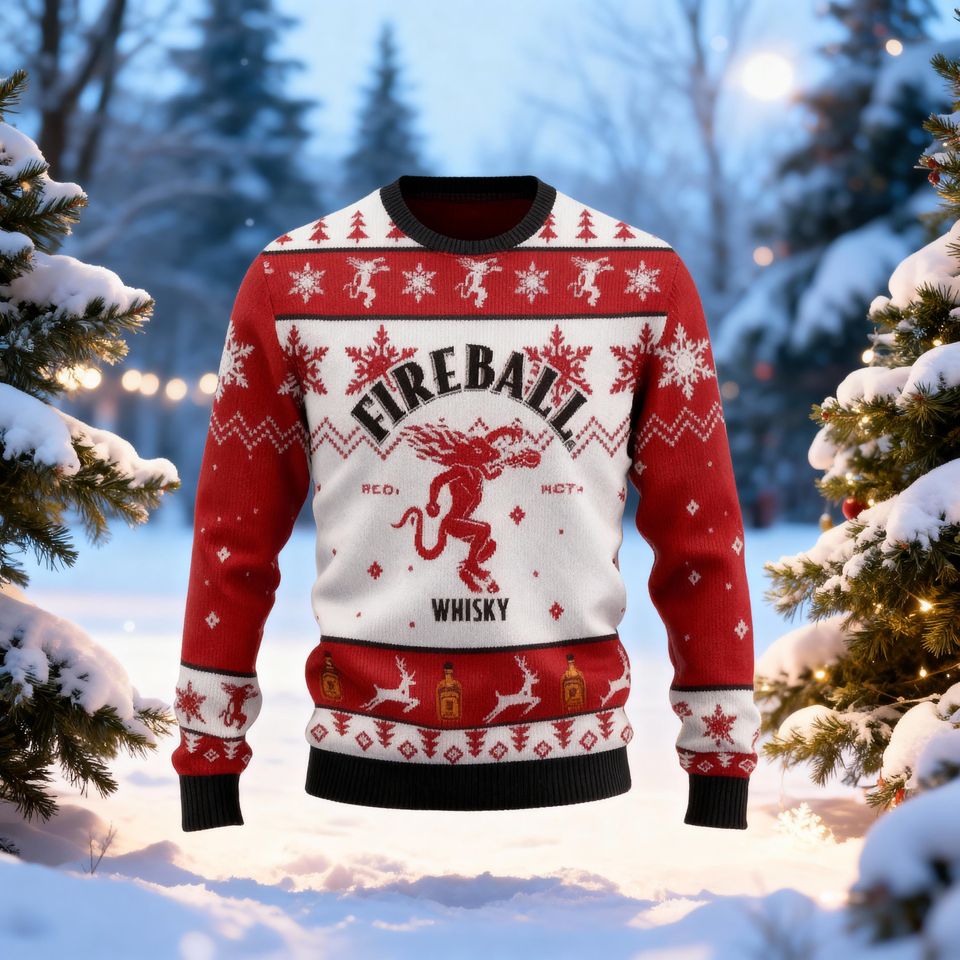 Personalized Name Cinnamon Whiskey Ugly Christmas Sweater, Spicy Demon Jumper, Red Hot Alcohol Holiday Gift, Fire Whiskey Party Sweatshirt