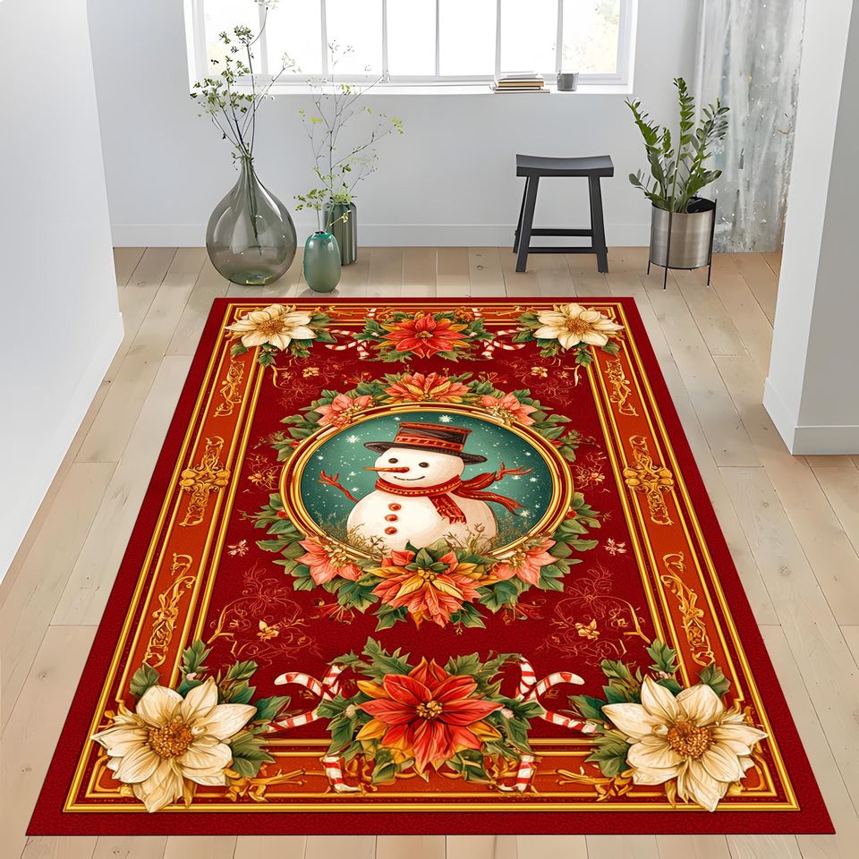 Christmas Snowman Rug: Red Gold Poinsettia Holiday Carpet, Festive Xmas Winter Home Living  Decor