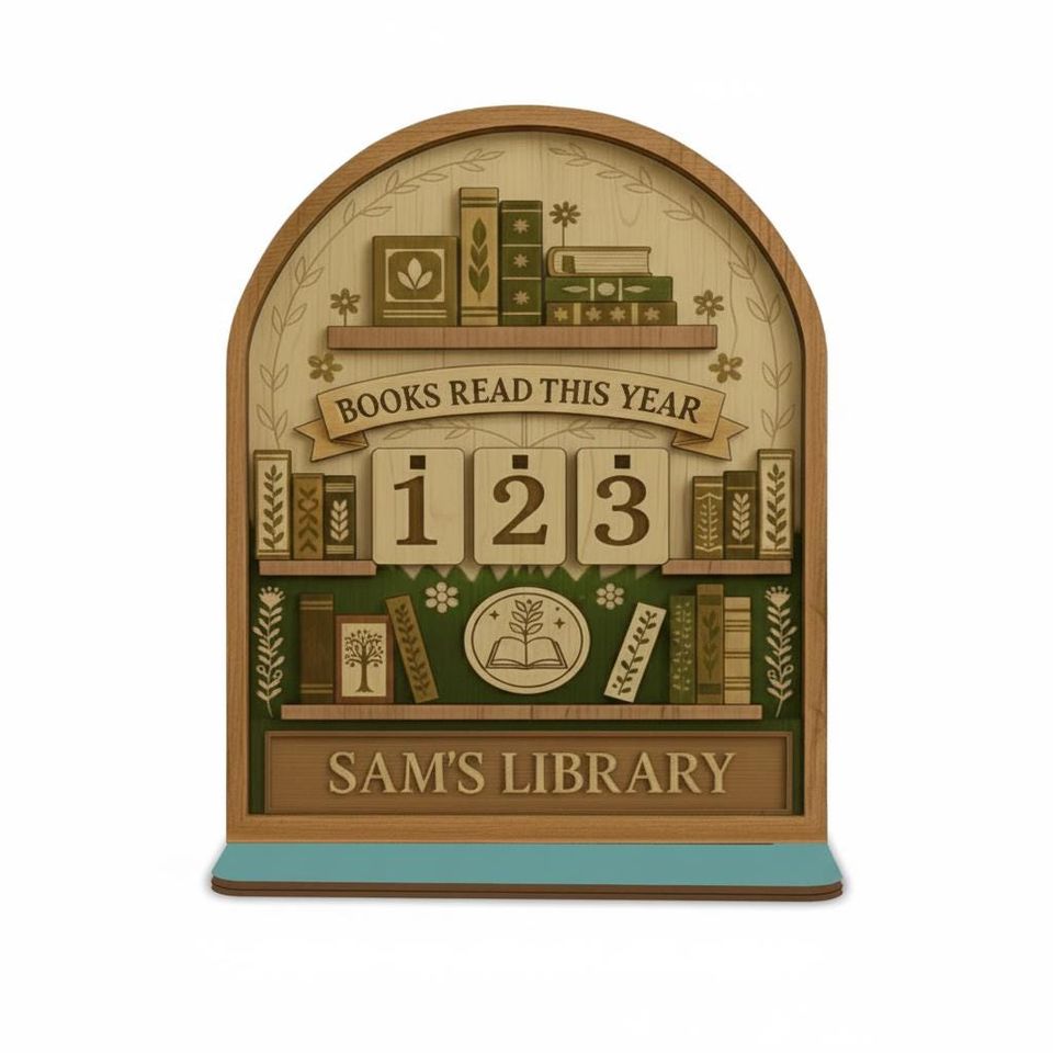 Personalized Wood Book Tracker Sign, Green Leafy Books Read This Year Counter, Minimalist Botanical Library Decor, Custom Name Reader Gift