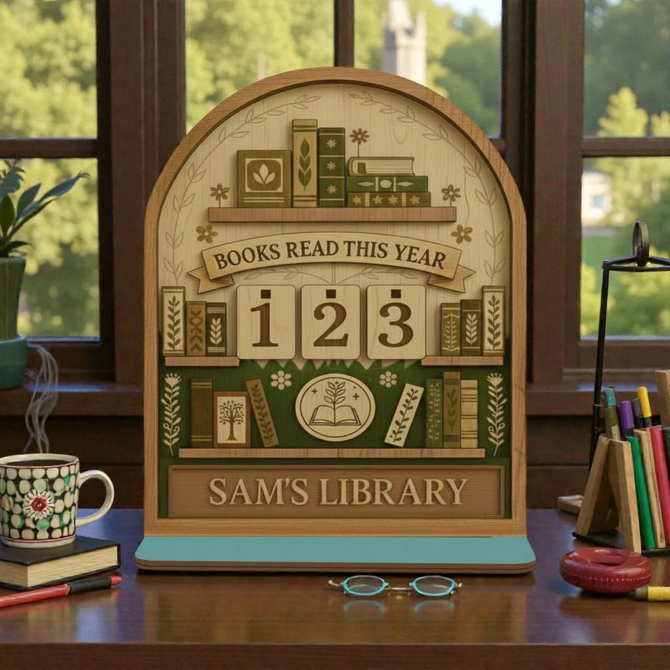 Personalized Wood Book Tracker Sign, Green Leafy Books Read This Year Counter, Minimalist Botanical Library Decor, Custom Name Reader Gift