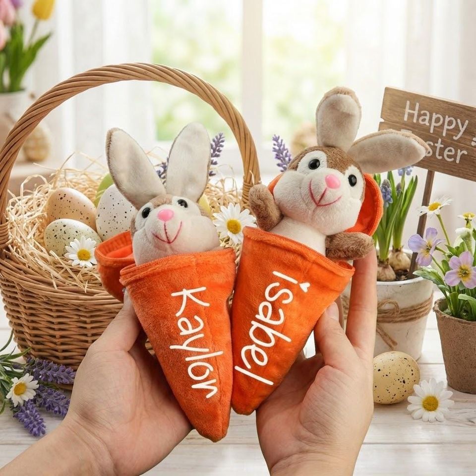 Personalized Bunny Plush Carrot Keychain, Custom Name Reversible Rabbit Toy, Cute Easter Basket Gift for Kids, Bunny Bag Charm