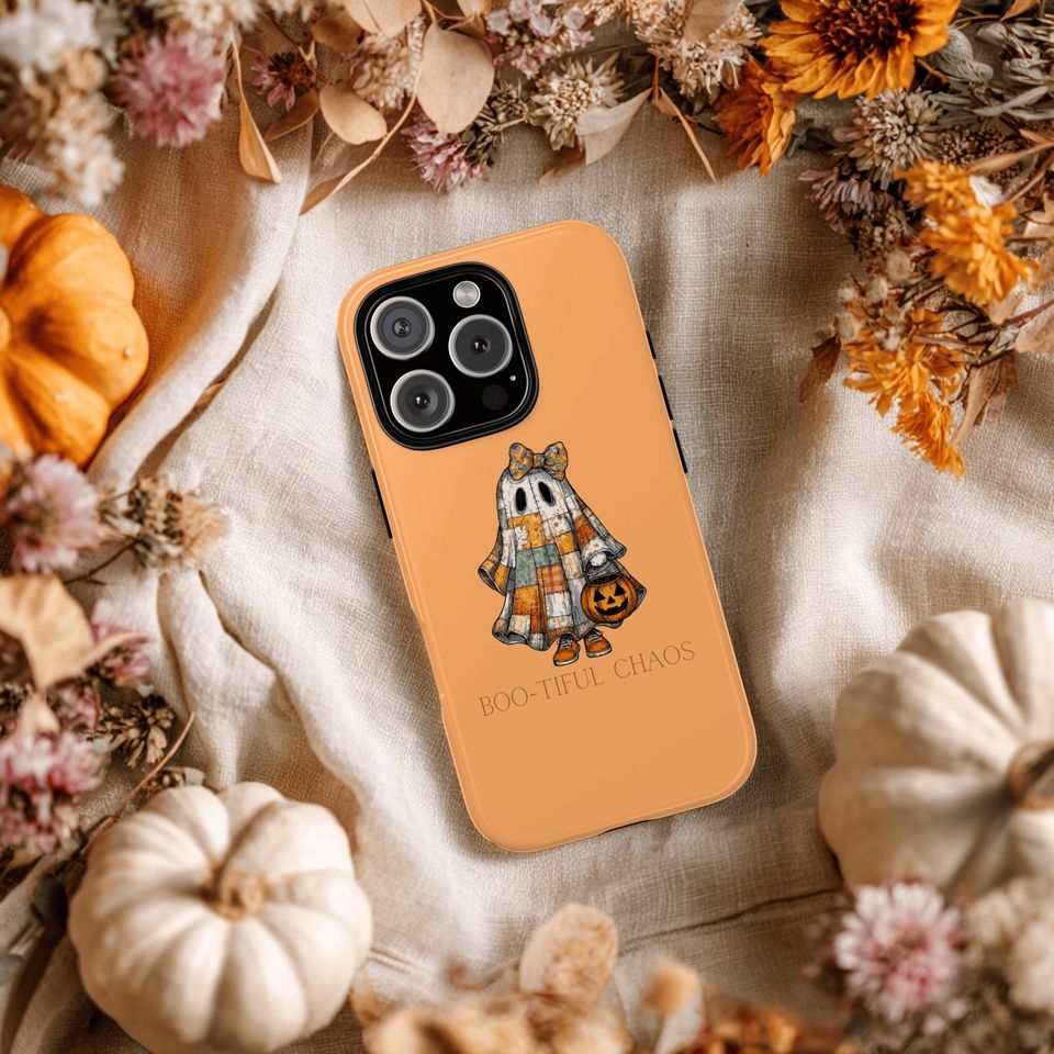 Halloween Ghost Phone Case, Orange Trick or Treat Aesthetic