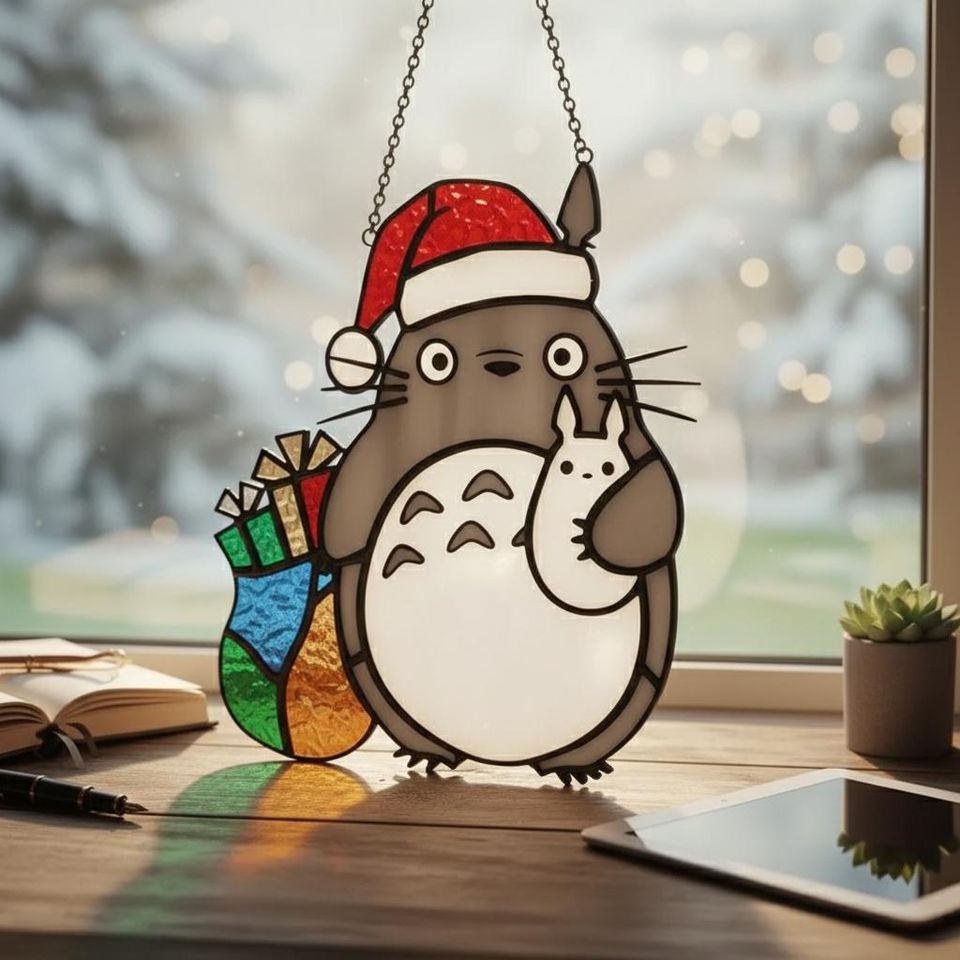 Totoro Christmas Resin Suncatcher, Studio Ghibli Holiday Window Decor