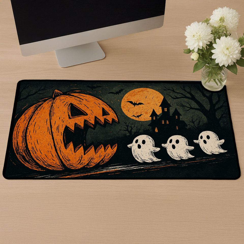 Halloween Pumpkin Ghosts Mousepad: Spooky Desk Mat, Autumn Decor