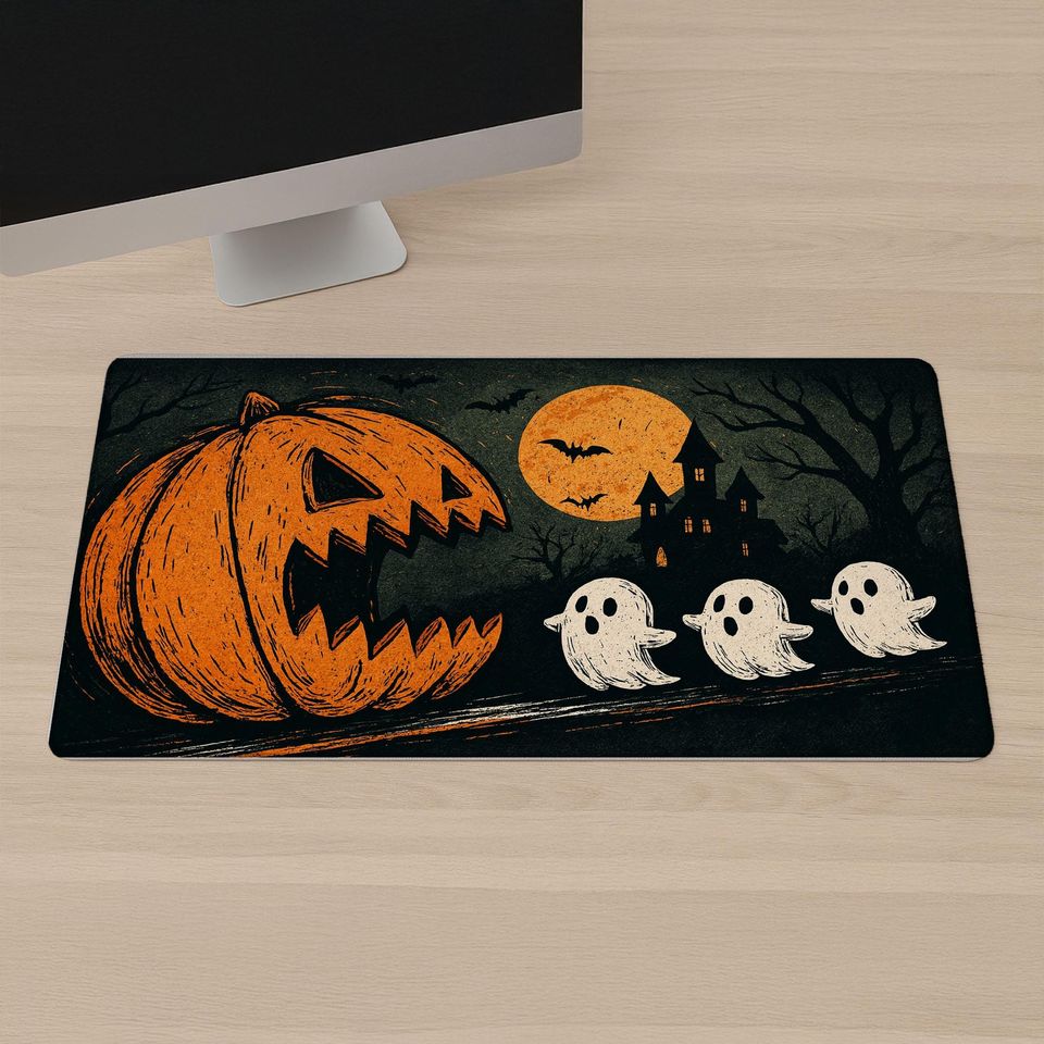Halloween Pumpkin Ghosts Mousepad: Spooky Desk Mat, Autumn Decor