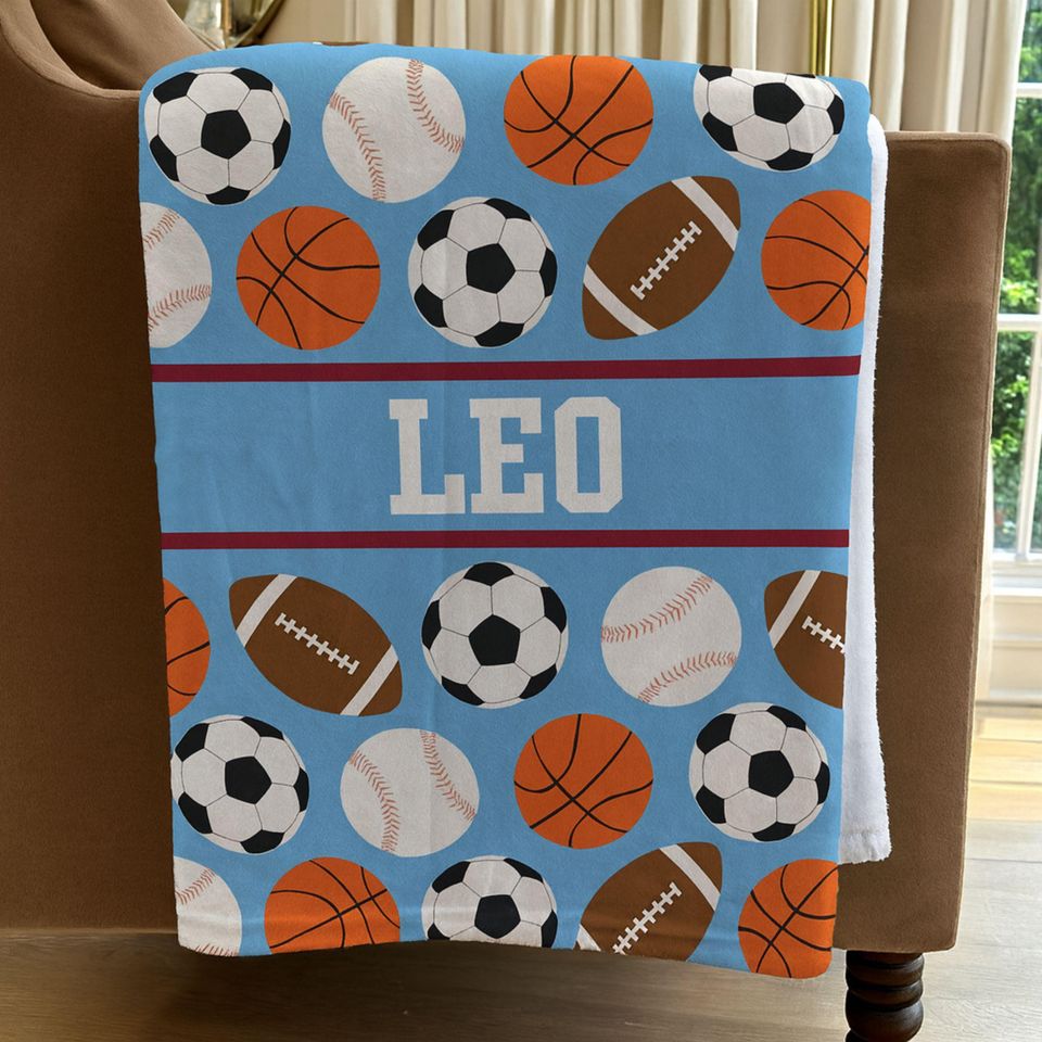 Personalized Kids Sports Blanket, Custom Blanket, Basketball Football Baseball Blanket, Gift for him, Team Gift