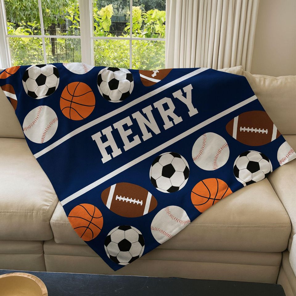 Personalized Kids Sports Blanket, Custom Blanket, Basketball Football Baseball Blanket, Gift for him, Team Gift