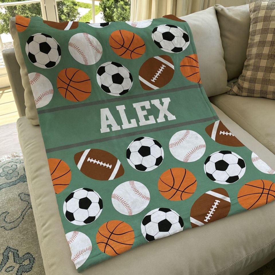 Personalized Kids Sports Blanket, Custom Blanket, Basketball Football Baseball Blanket, Gift for him, Team Gift