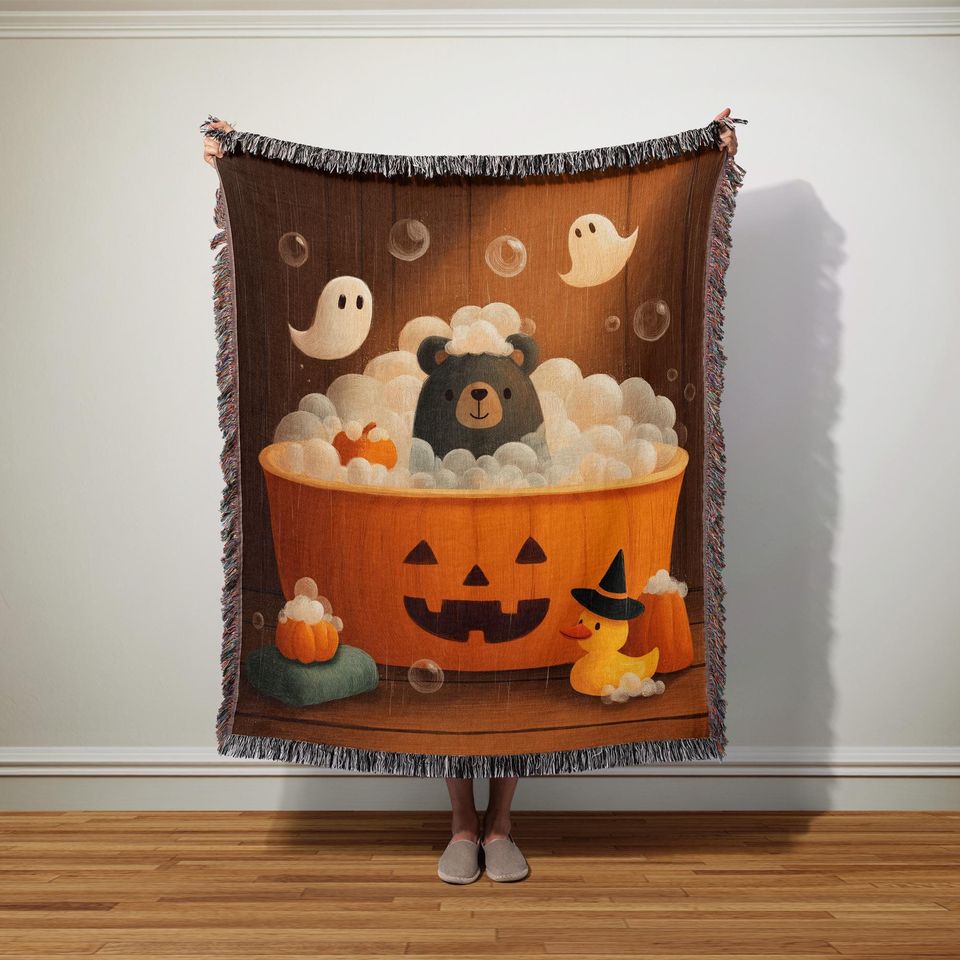 Spooky Cute Bear Woven Blanket | Jack o Lantern Bathtub Nursery Throw | Personalized Gift | Baby Blanket for Crib | Halloween Gift