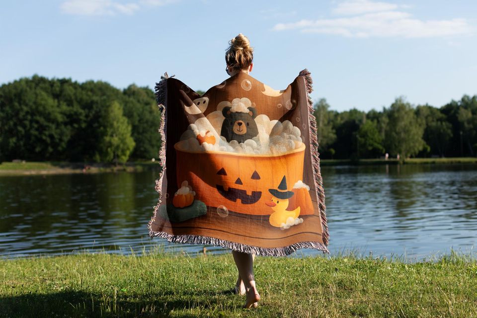 Spooky Cute Bear Woven Blanket | Jack o Lantern Bathtub Nursery Throw | Personalized Gift | Baby Blanket for Crib | Halloween Gift