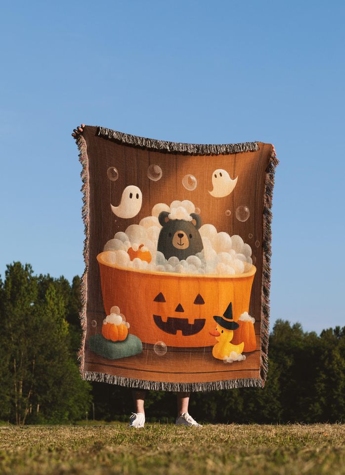 Spooky Cute Bear Woven Blanket | Jack o Lantern Bathtub Nursery Throw | Personalized Gift | Baby Blanket for Crib | Halloween Gift
