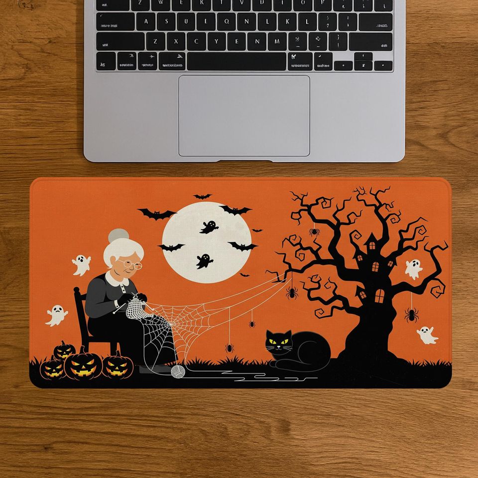 Spooky Halloween Desk Mat: Witch Cat, Pumpkin & Ghost Office Decor