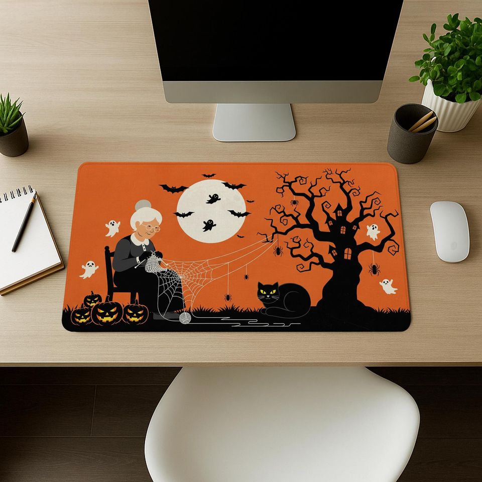 Spooky Halloween Desk Mat: Witch Cat, Pumpkin & Ghost Office Decor