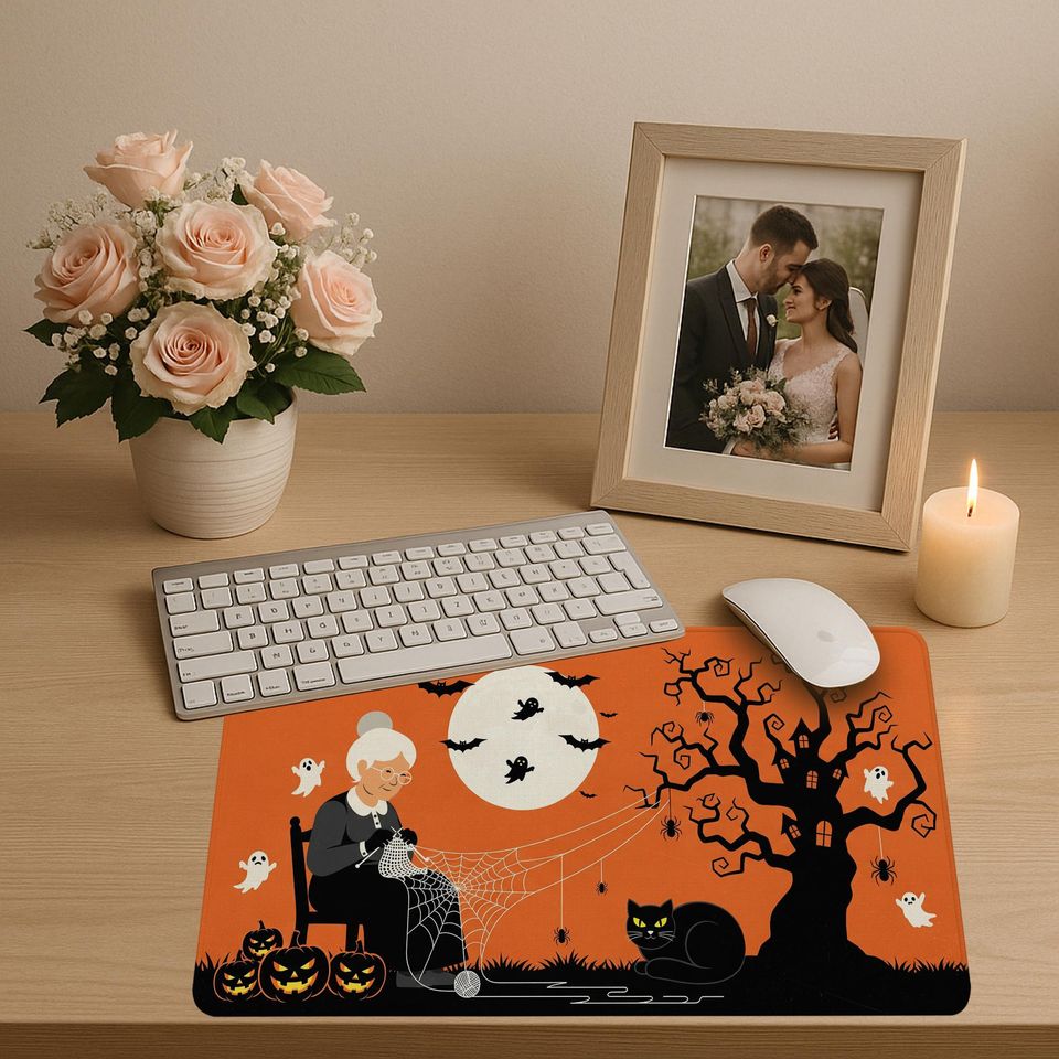 Spooky Halloween Desk Mat: Witch Cat, Pumpkin & Ghost Office Decor