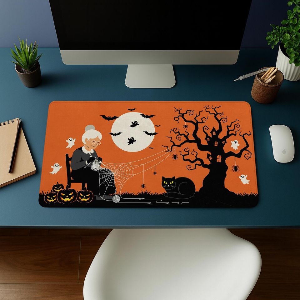 Spooky Halloween Desk Mat: Witch Cat, Pumpkin & Ghost Office Decor