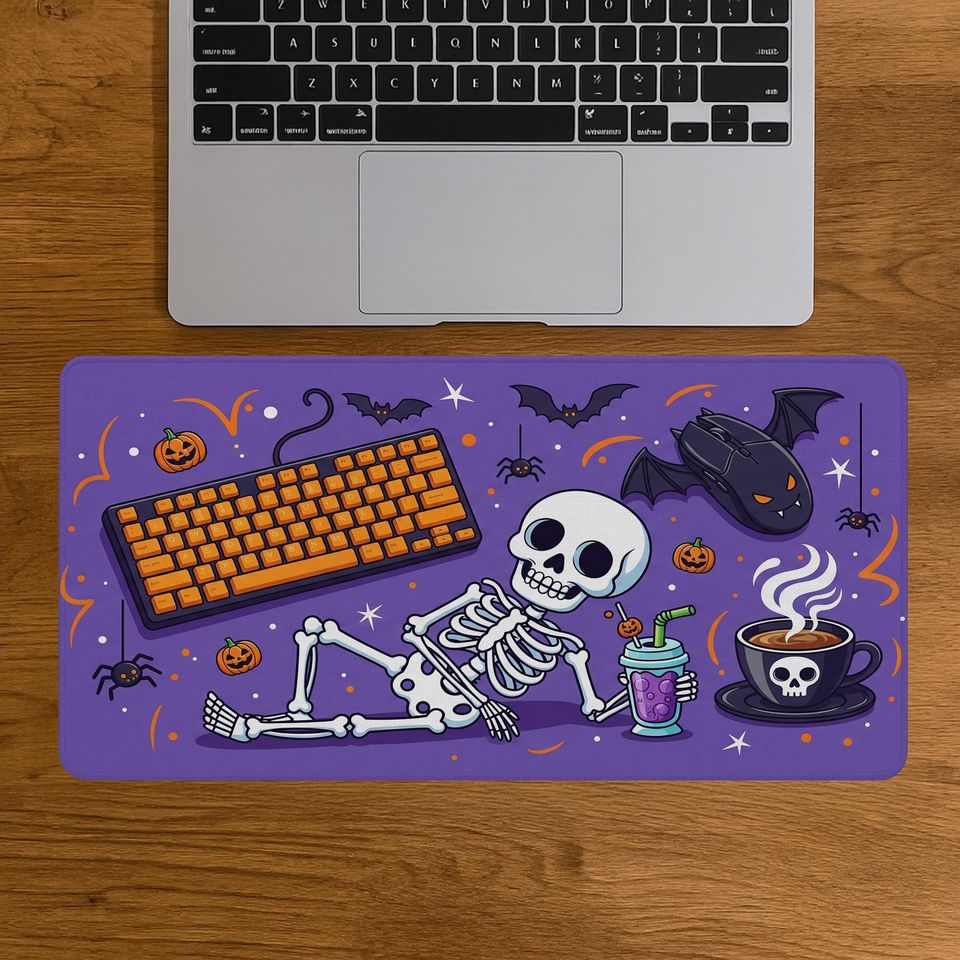 Halloween Desk Mat: Spooky Bats, Pumpkins & Coffee - Large Gaming Mouse Pad