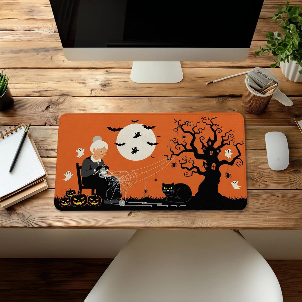 Spooky Halloween Desk Mat: Witch Cat, Pumpkin & Ghost Office Decor